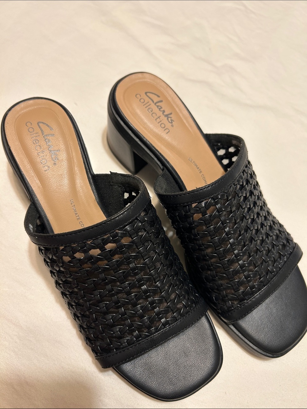 Clarks Black Woven Leather Mule Heels